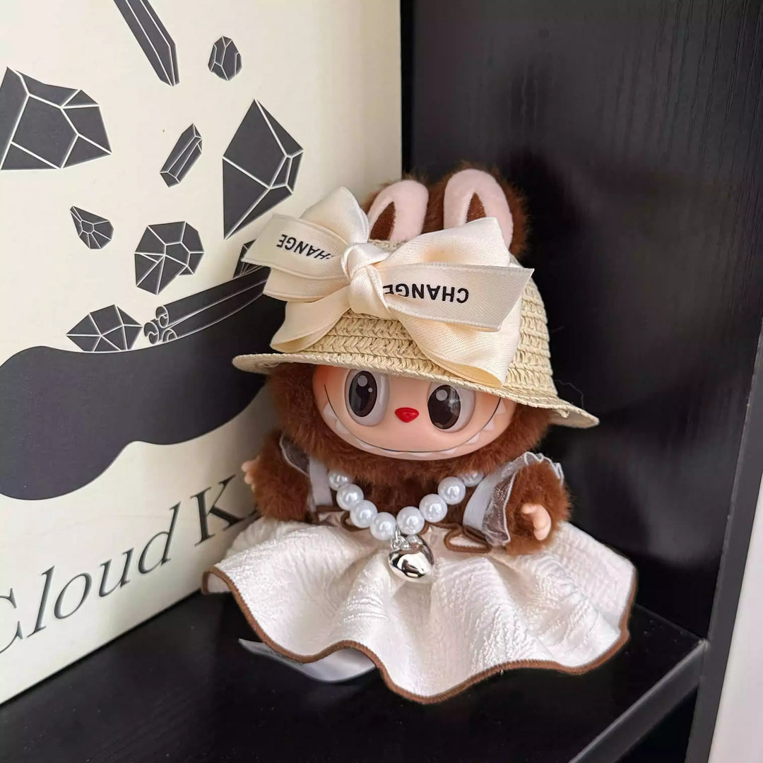 Chic Labubu Pearl & Straw Hat Outfit