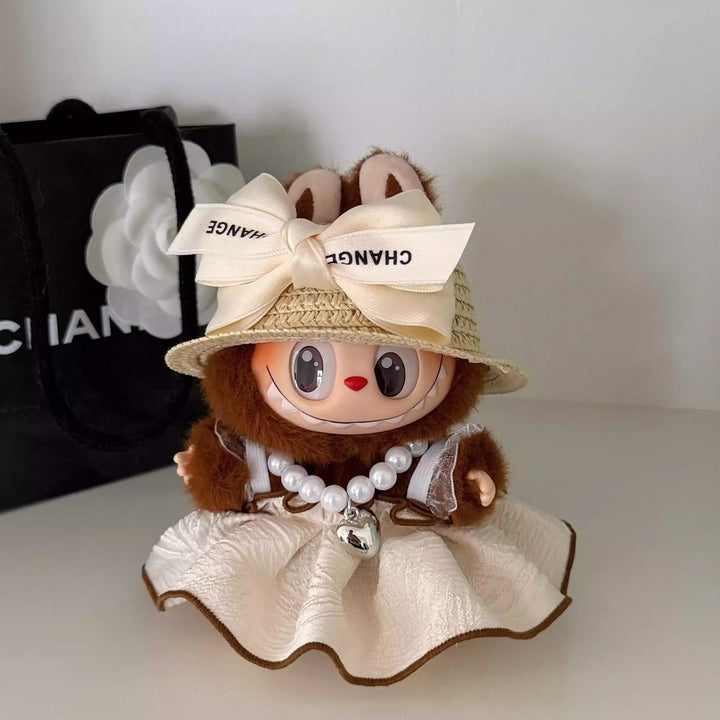 Chic Labubu Pearl & Straw Hat Outfit