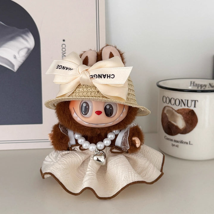 Chic Labubu Pearl & Straw Hat Outfit