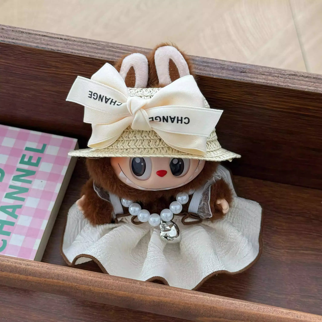 Chic Labubu Pearl & Straw Hat Outfit